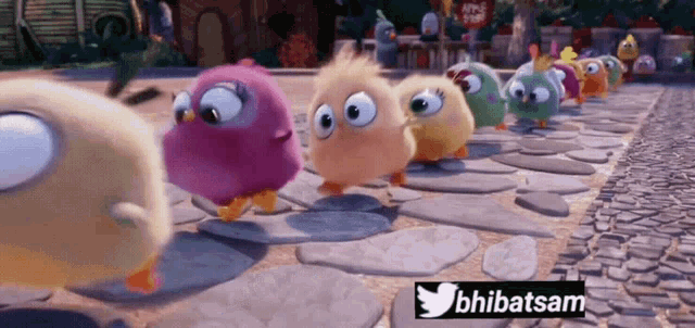 a bunch of cartoon birds are walking down a sidewalk with a twitter logo on the bottom