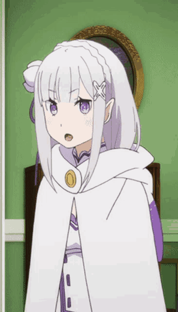 a cartoon girl with white hair and purple eyes