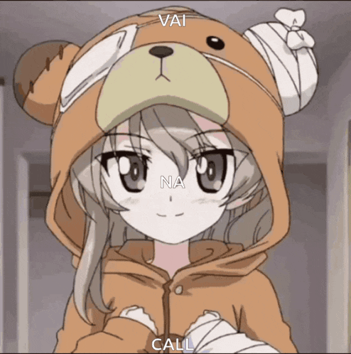 a girl wearing a teddy bear hooded jacket with the words vai na call written on it
