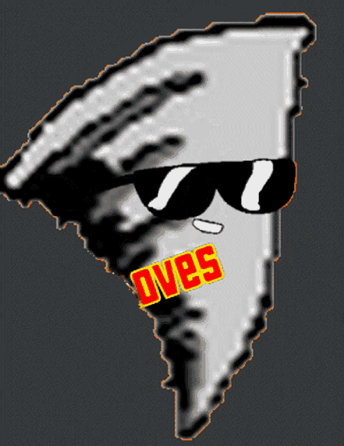a cartoon drawing of a slice of pizza wearing sunglasses and a sticker that says " ove "