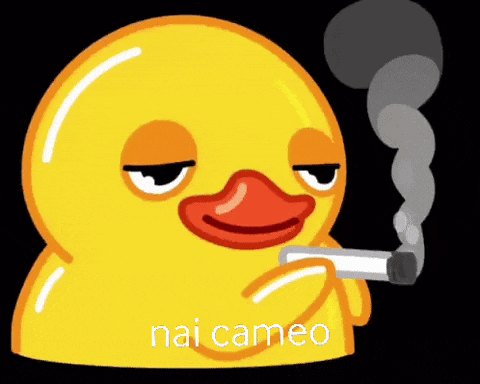 a yellow rubber duck is smoking a cigarette and says " hai cameo "