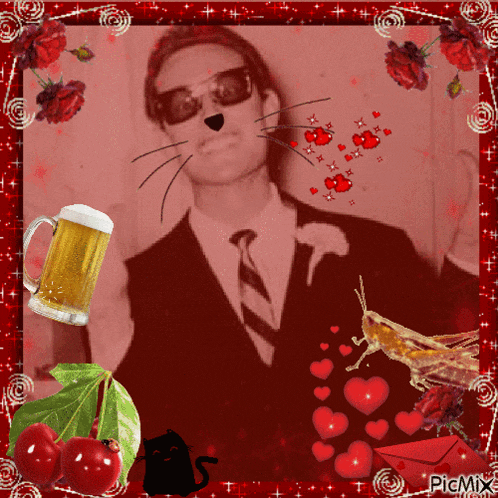 a man in a suit and tie is surrounded by hearts and flowers