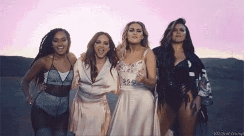 a group of four women are standing next to each other in a field with a pink sky in the background .