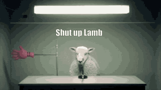 a sheep is sitting at a table with the words shut up lamb behind it