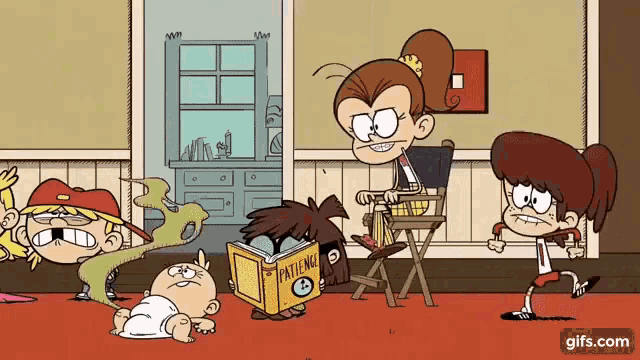 a group of cartoon characters are standing in a room .