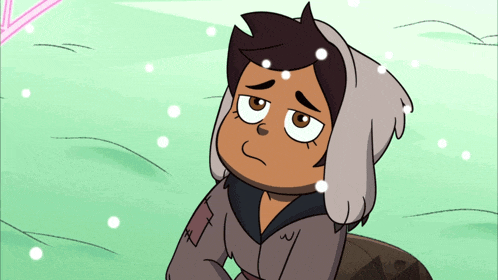 a cartoon character is sitting in the snow with a sad look on his face