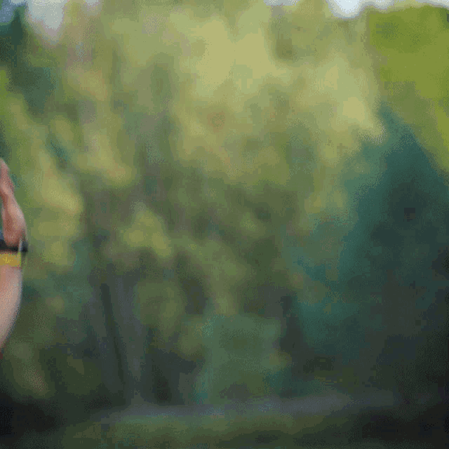 a blurry picture of a person 's arm with a forest in the background