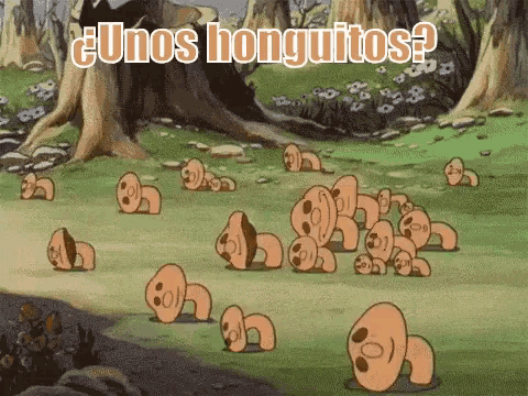 a bunch of cartoon characters laying on the ground with the words unos honguitos