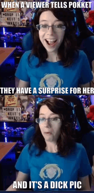 a woman wearing glasses and a blue shirt says when a viewer tells pokket