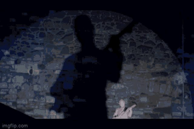 a silhouette of a man holding a gun in front of a brick wall