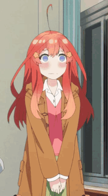 a girl with red hair is wearing a brown coat and a pink shirt