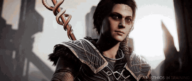 a video game character with a snake around his neck and the words amisthios in training below him