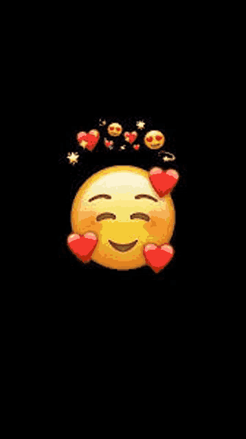 a yellow smiley face with red hearts around its eyes on a black background .
