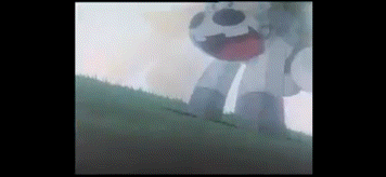 a cartoon cow is standing on top of a hill with its mouth open