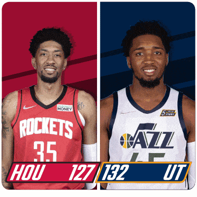 two basketball players from the rockets and jazz are shown