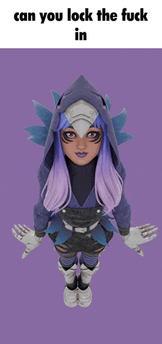 a girl with purple hair and a hood says " can you lock the fuck in " on a purple background