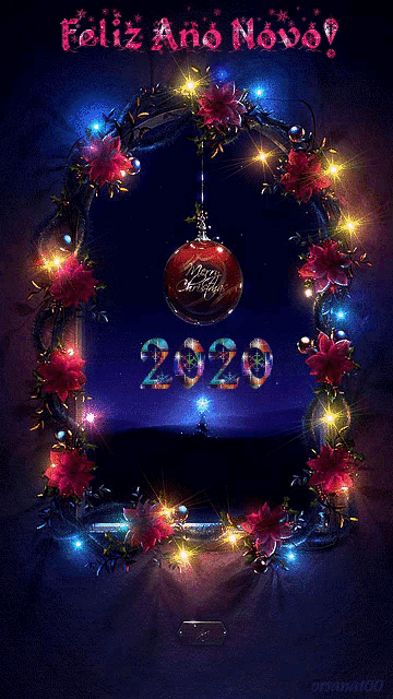 a christmas greeting card with a wreath and the year 2020