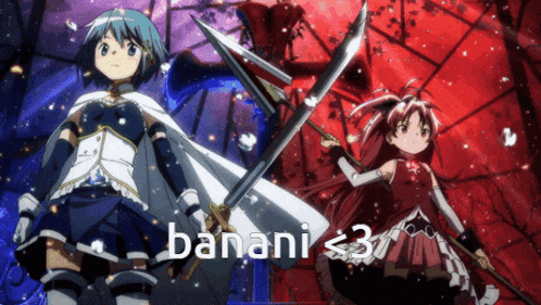 a couple of anime girls holding swords with the word banani written below them