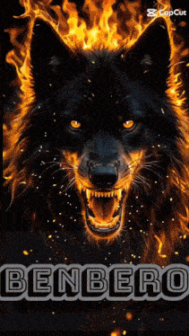 a picture of a wolf with fire behind it and the word benbero on the bottom