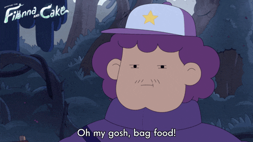 a poster for finna and cake shows a cartoon character with purple hair