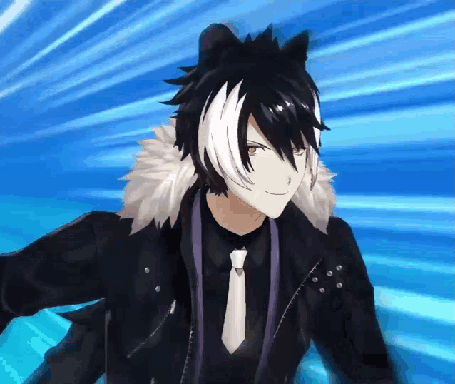 a black and white anime character with a fur coat and tie