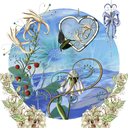 a painting of a hummingbird surrounded by flowers and a dream catcher