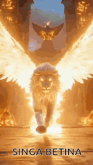 a lion with angel wings is running through a fire filled tunnel .