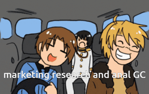 a cartoon of a group of people with the words marketing research and anal gc below them