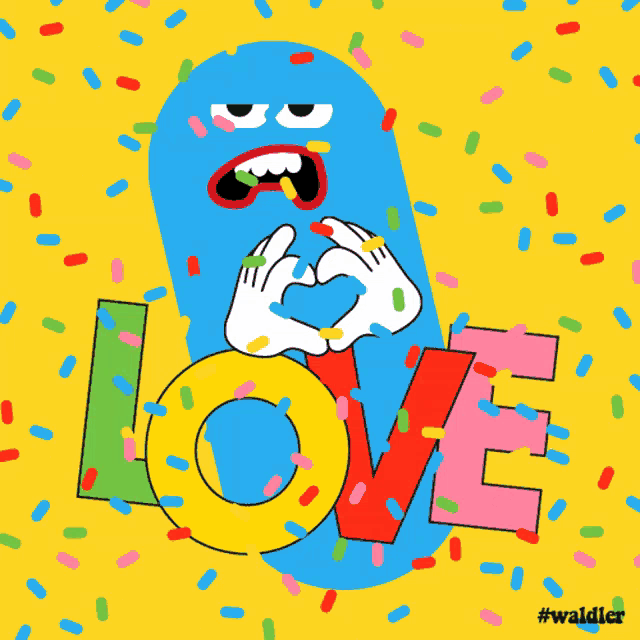 a cartoon character is making a heart with his hands and the word love is surrounded by colorful sprinkles
