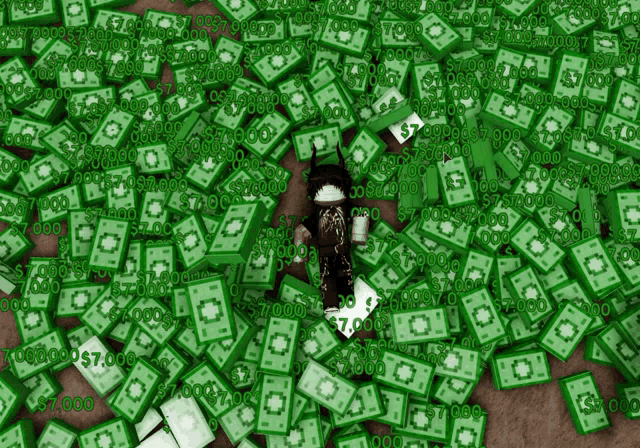 a person is standing in a pile of green and white money with the numbers $ 7,000 on them
