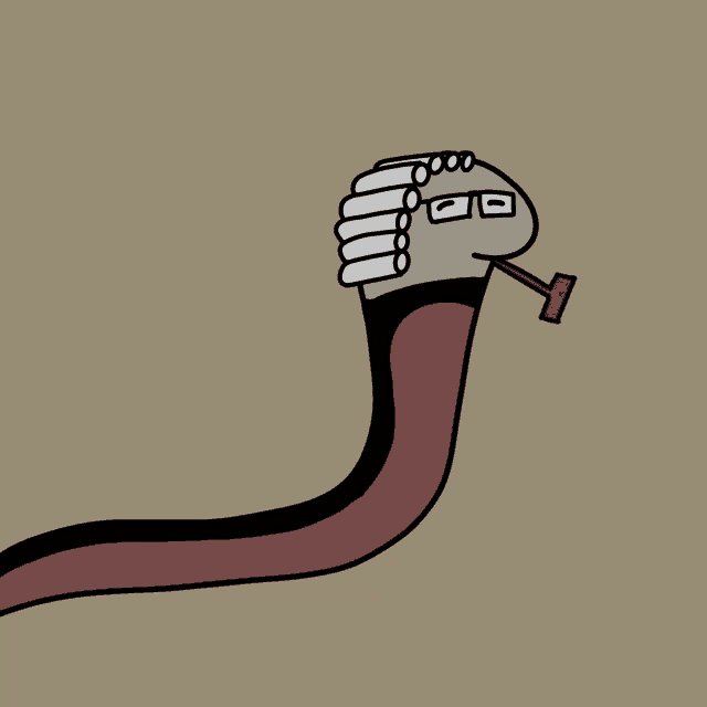 a cartoon of a worm wearing a judge 's wig and glasses holding a hammer