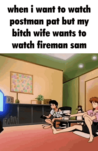 a group of people are sitting in a living room watching fireman sam