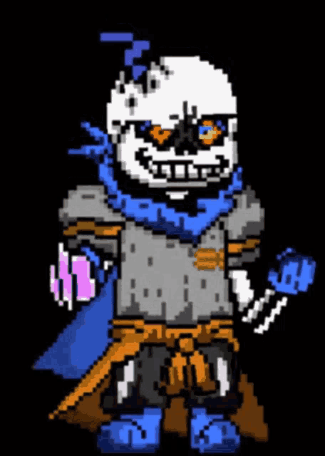 a pixel art drawing of a skeleton wearing a blue cape and holding a microphone .