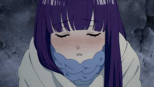 a girl with purple hair and a blue scarf around her neck has her eyes closed