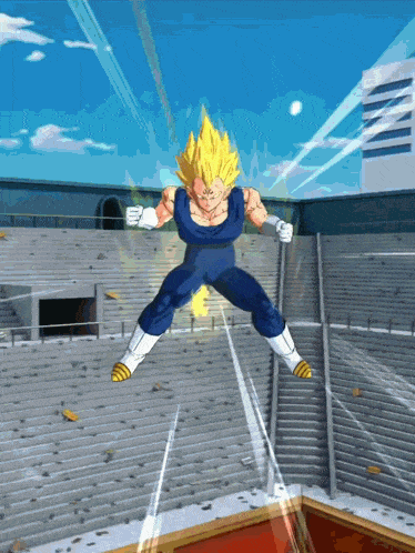 a cartoon character is jumping in the air in front of a building
