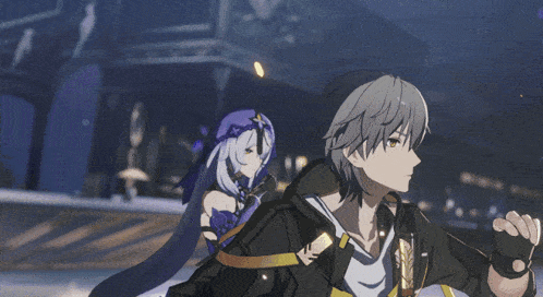 a group of anime characters are standing in a dark room