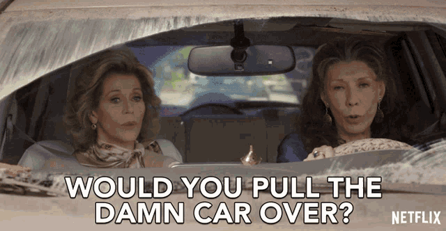 two women in a car with the words would you pull the damn car over netflix