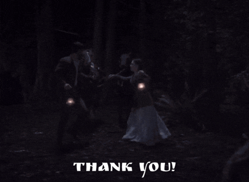 a group of people holding lanterns in a dark forest with the words thank you written above them