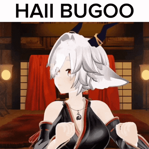 a picture of a girl with horns and the words haii bugoo