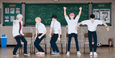 a group of young men are dancing in front of a blackboard that says ' brave ' on it