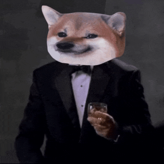 a dog wearing a tuxedo and holding a glass of whiskey .