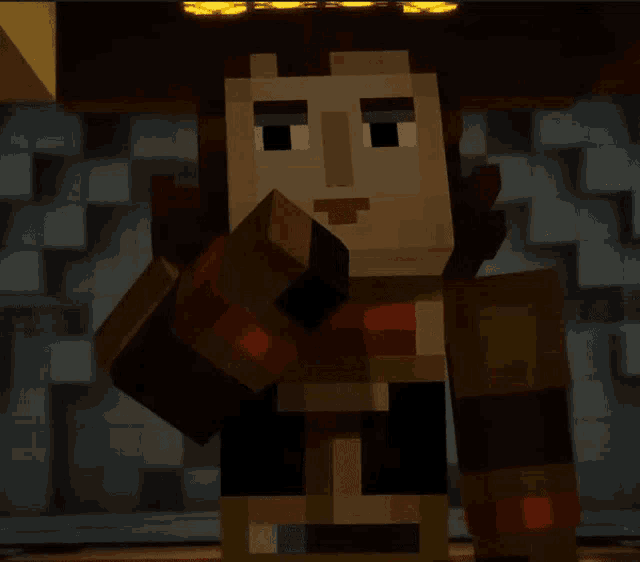 a minecraft character is wearing a hat and holding something in his hand .