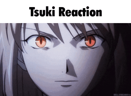 a close up of a person 's face with the words tsuki reaction above it