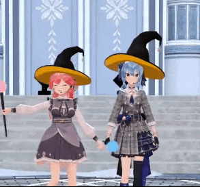 two anime girls wearing witch hats are holding hands in front of a building