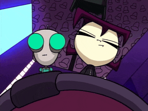 a cartoon character with a purple head and green eyes