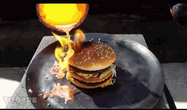 a hamburger with flames coming out of it is on a plate with the words tito4re below it