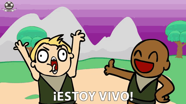 two cartoon characters are standing next to each other with the words estoy vivo in the bottom right corner