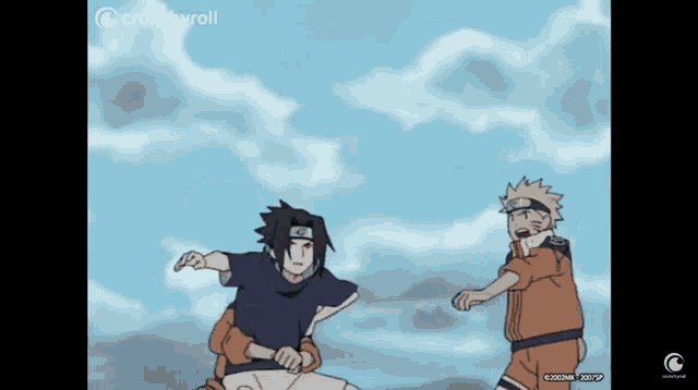 a crunchyroll advertisement shows a cartoon of naruto and sasuke running