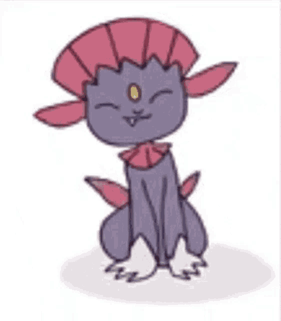 a purple cat with a pink hat and a yellow eye is sitting on the ground .