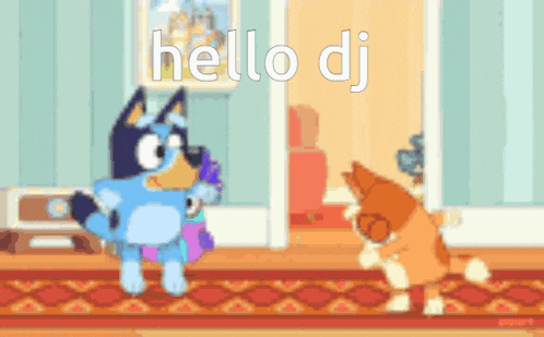 a blue dog and an orange dog are standing next to each other in a living room and talking to each other .